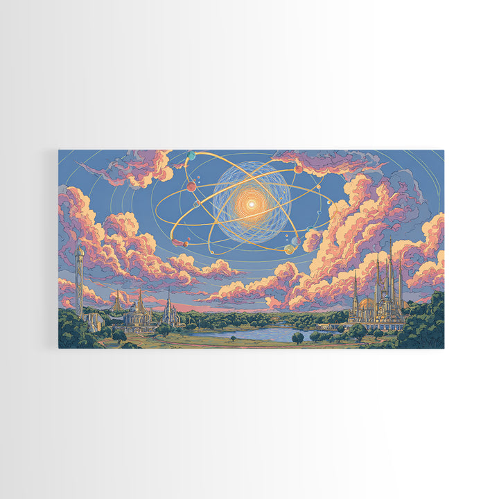 Pastel Atomic Sky Over River And Future Cities Wall Art, Retro Modern Decor, Midcentury Art Print, Pink Blue Framed Canvas Print
