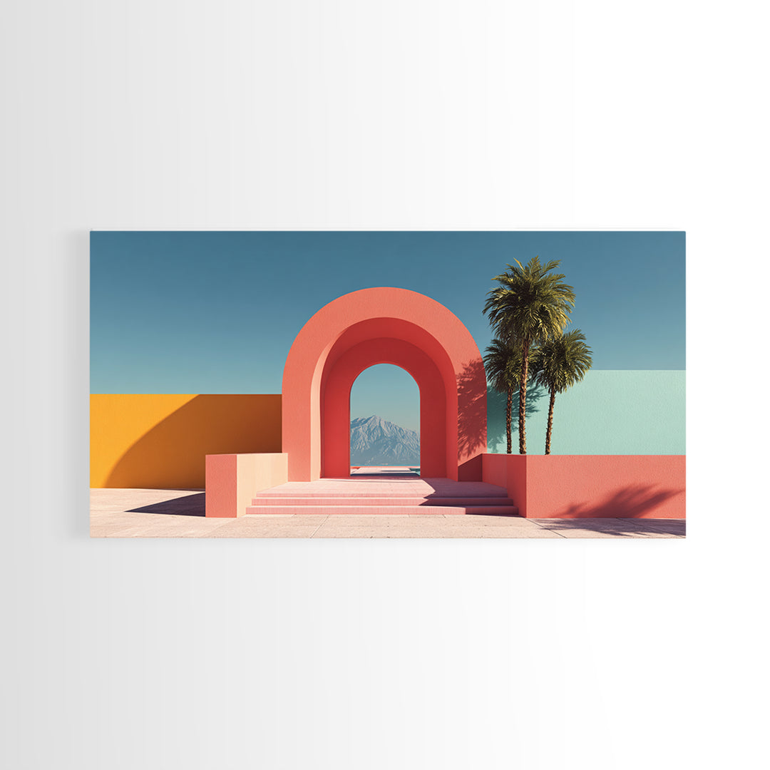 Pink Desert Archway With Palms And Mountain View Wall Art, Midcentury Modern Palm Springs Decor, Retro Landscape Print Poster