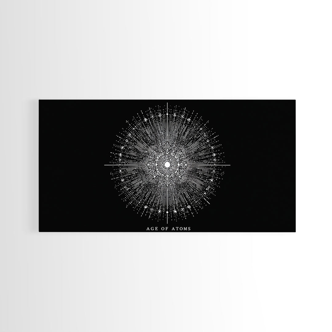 Age Of Atoms Starburst Wall Art, Midcentury Modern Art, Black White Space Poster, Atomic Retro Print, Science Wall Decor