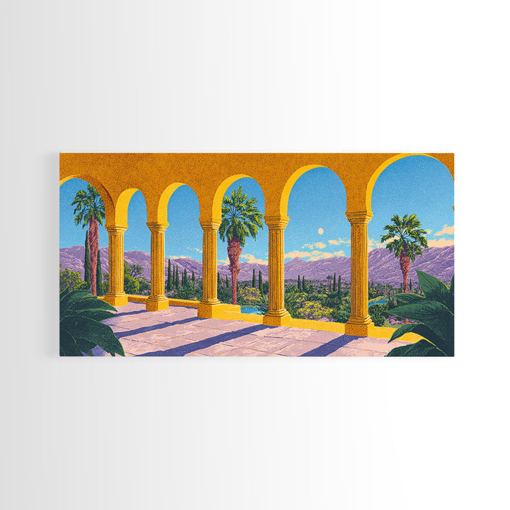 Golden Arcade Arches With Palms And Purple Mountains Wall Art, Midcentury Modern Travel Poster, Retro Palm Springs Decor