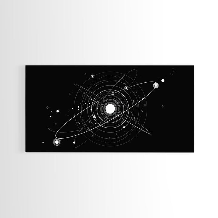 White Orbital Solar System On Black Canvas Print, Space Abstract Art, Atomic Midcentury Decor, Sci Fi Office Wall Decor Print