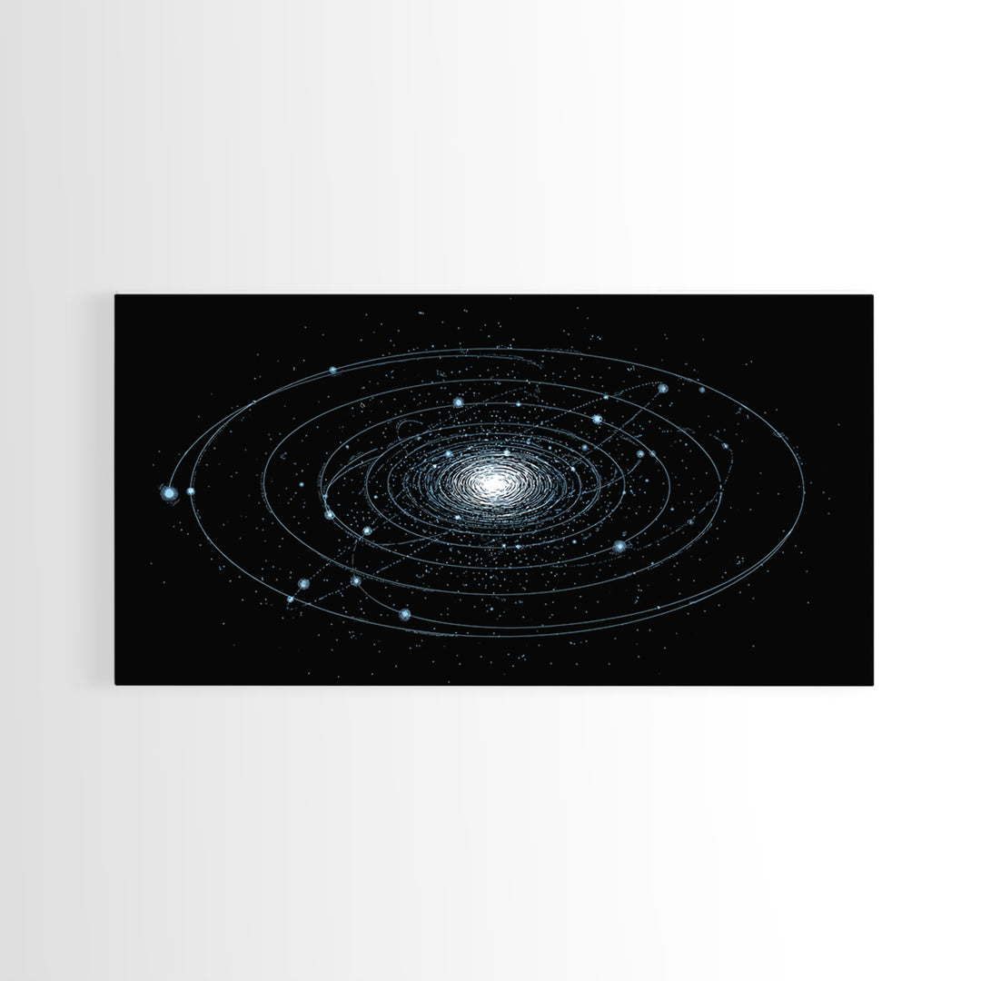 Blue Spiral Galaxy Orbits On Black Canvas Print, Space Abstract Wall Art, Cosmic Modern Decor, Sci Fi Office Poster Print