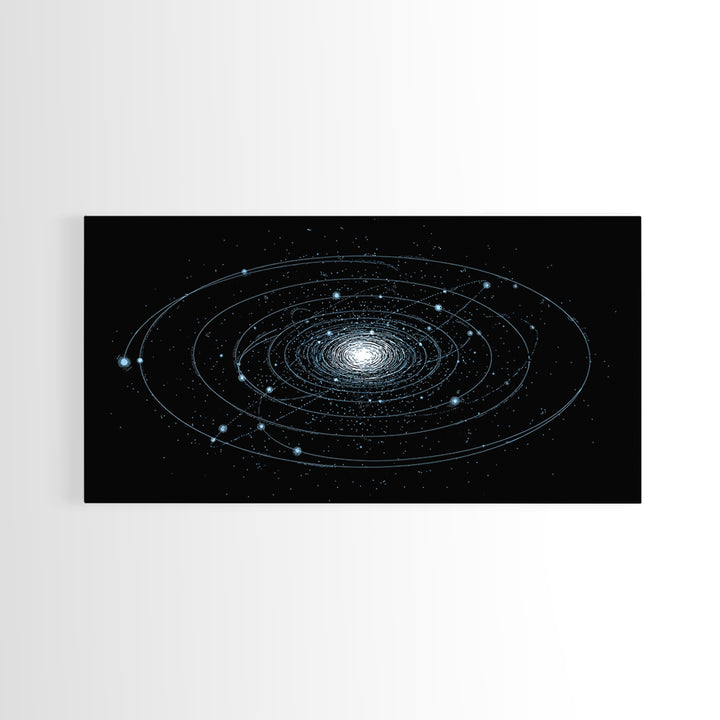 Blue Spiral Galaxy Orbits On Black Canvas Print, Space Abstract Wall Art, Cosmic Modern Decor, Sci Fi Office Poster Print
