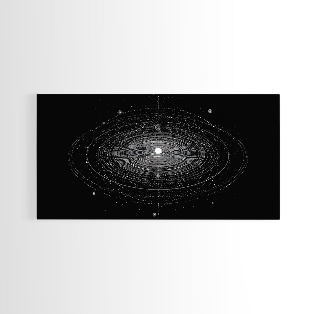 Black White Planetary Orbit Rings Canvas Print, Space Abstract Art, Minimal Modern Wall Decor, Sci Fi Office Poster Print