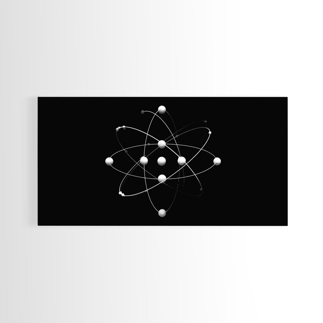 White Atomic Model On Black Canvas Print, Science Space Wall Art, Midcentury Modern Decor, Minimalist Office Poster Print