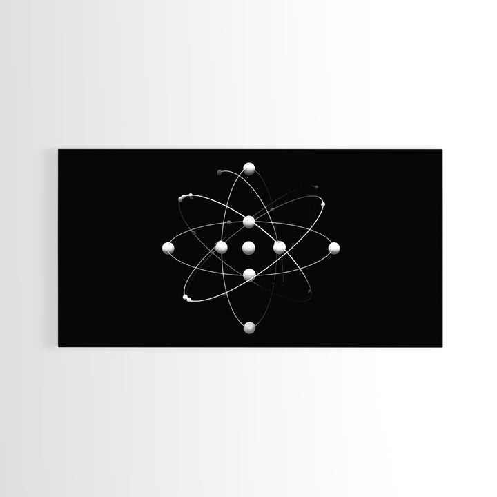 White Atomic Model On Black Canvas Print, Science Space Wall Art, Midcentury Modern Decor, Minimalist Office Poster Print