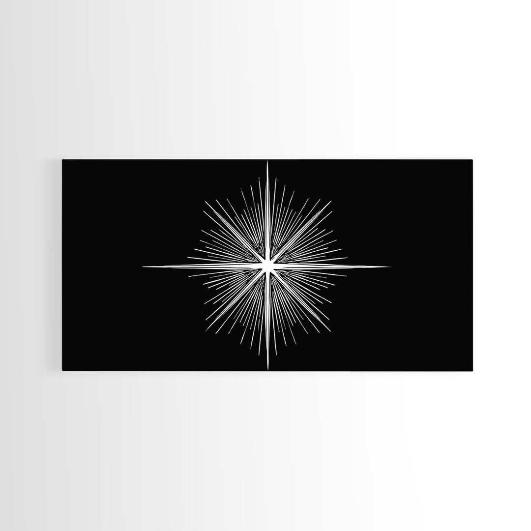 Radiant White Starburst On Black Canvas Print, Atomic Midcentury Wall Art, Minimal Modern Decor, Sci Fi Office Poster Print