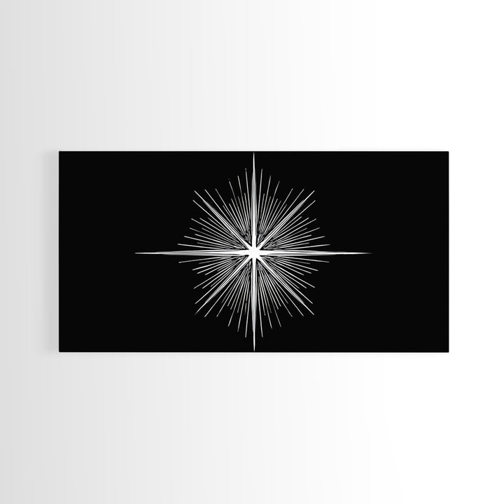 Radiant White Starburst On Black Canvas Print, Atomic Midcentury Wall Art, Minimal Modern Decor, Sci Fi Office Poster Print