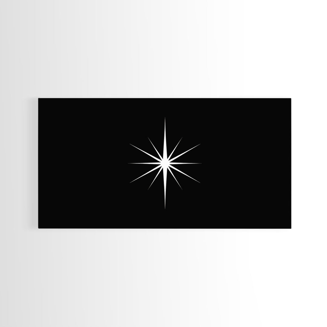 Minimal White Compass Star On Black Canvas Print, Atomic Midcentury Wall Art, Modern Abstract Decor, Office Poster Print