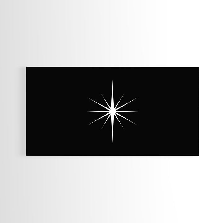 Minimal White Compass Star On Black Canvas Print, Atomic Midcentury Wall Art, Modern Abstract Decor, Office Poster Print
