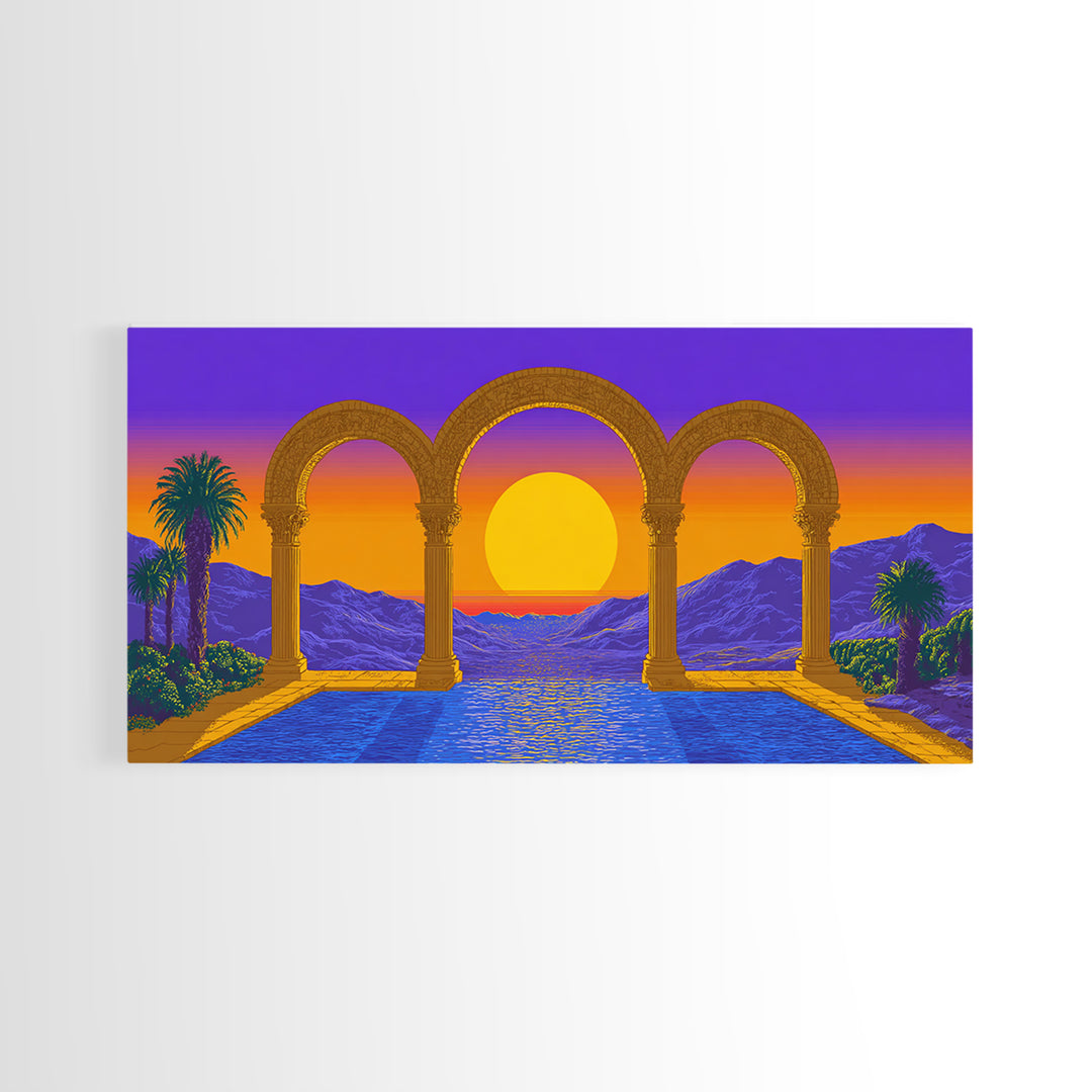 Sunset Arches Over Blue Pool And Mountains Canvas Print, Midcentury Modern Wall Decor, Retro Travel Poster For Living Room