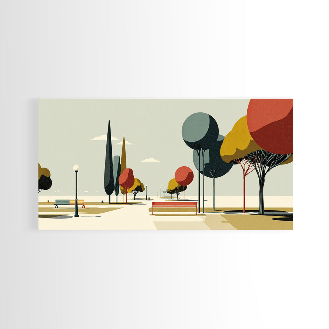 Colorful Park Promenade Canvas Print, Midcentury Modern Wall Art, Retro Landscape Poster, Scenic Home Office Decor Print Gift