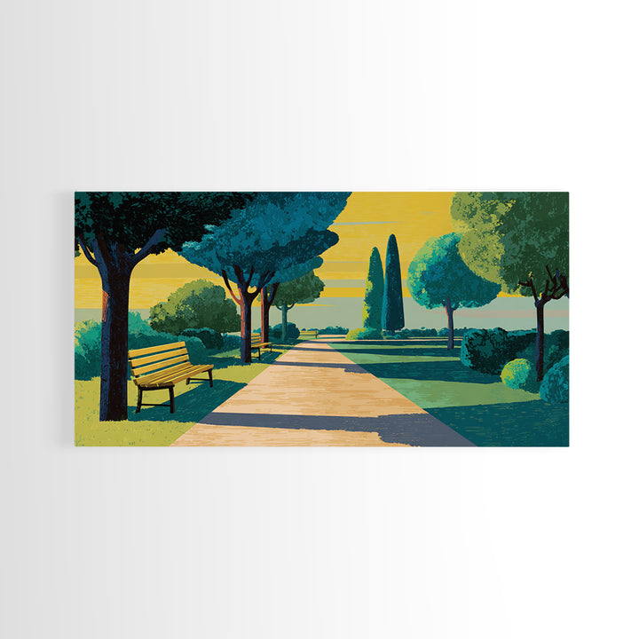 Sunlit Garden Path Framed Canvas Print, Midcentury Modern Wall Art, Scenic Landscape Poster, Green Home Office Decor Gift