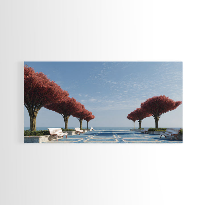 Seaside Promenade With Red Trees Wall Art, Modern Coastal Landscape Print, Midcentury Decor, Blue Ocean Living Room Decor