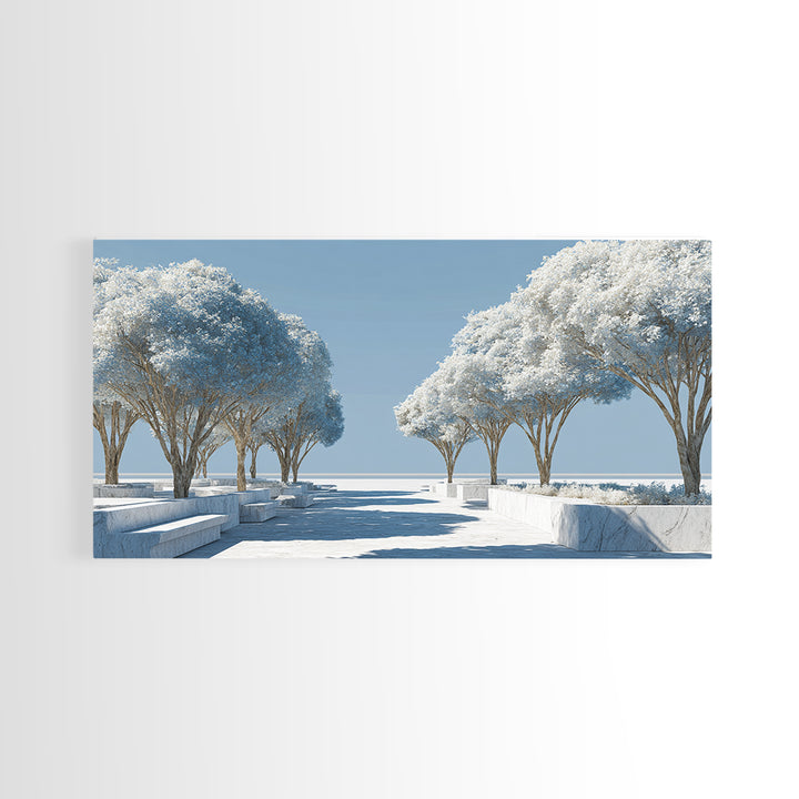 White Winter Tree Promenade Wall Art, Modern Coastal Landscape Print, Minimalist Blue Scenic Decor, Calm Living Room Poster