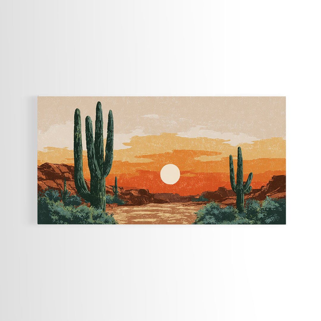 Saguaro Desert Sunset Canvas Print, Midcentury Wall Art, Retro Southwestern Decor, Orange Cactus Landscape Poster Gift For Home