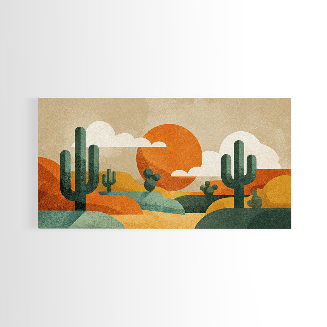 Abstract Cactus Desert Sun Wall Art, Midcentury Modern Print, Retro Orange Southwestern Decor, Geometric Landscape Poster