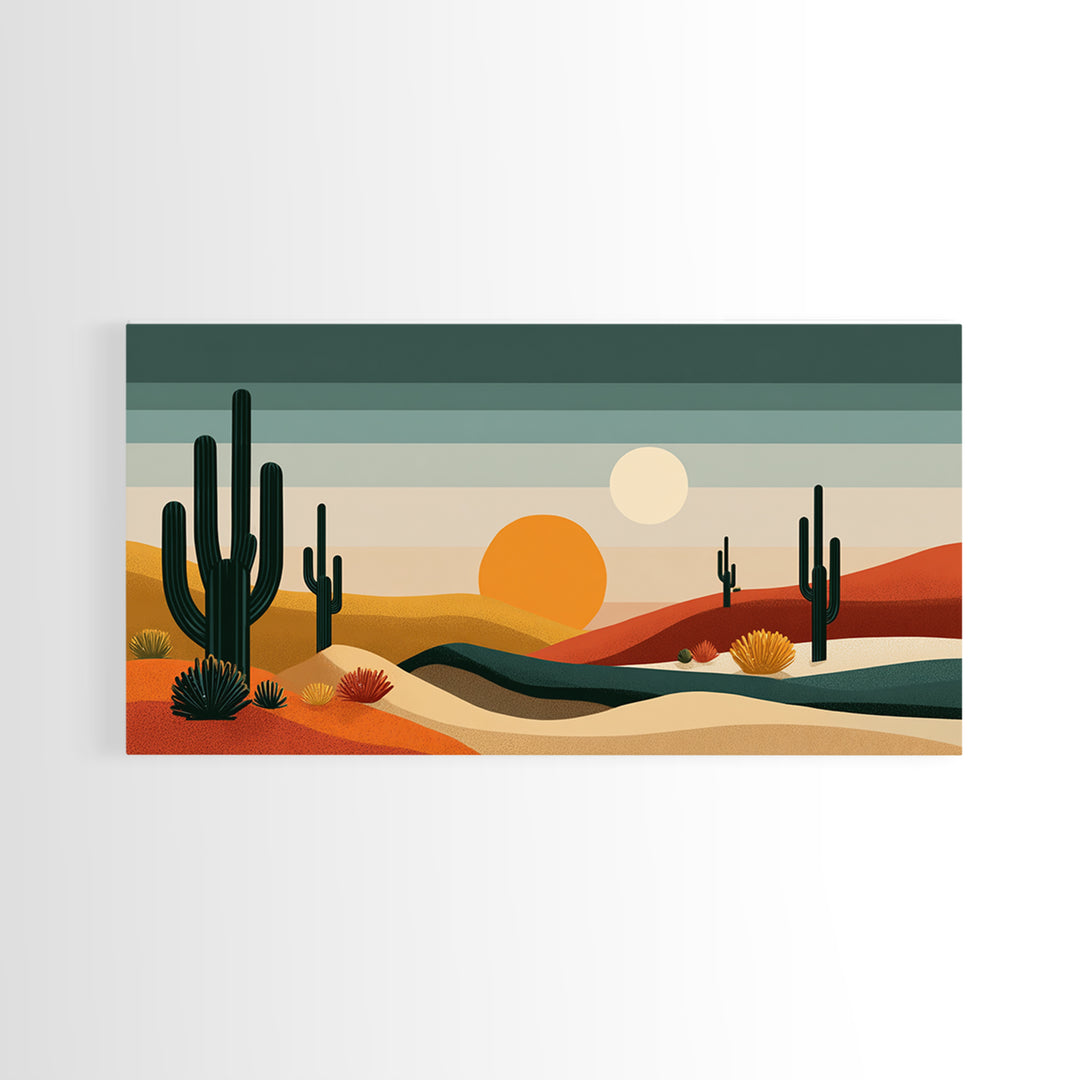 Modern Cactus Dunes Canvas Print, Midcentury Desert Wall Art, Southwestern Landscape Poster, Orange Sun Home Office Decor