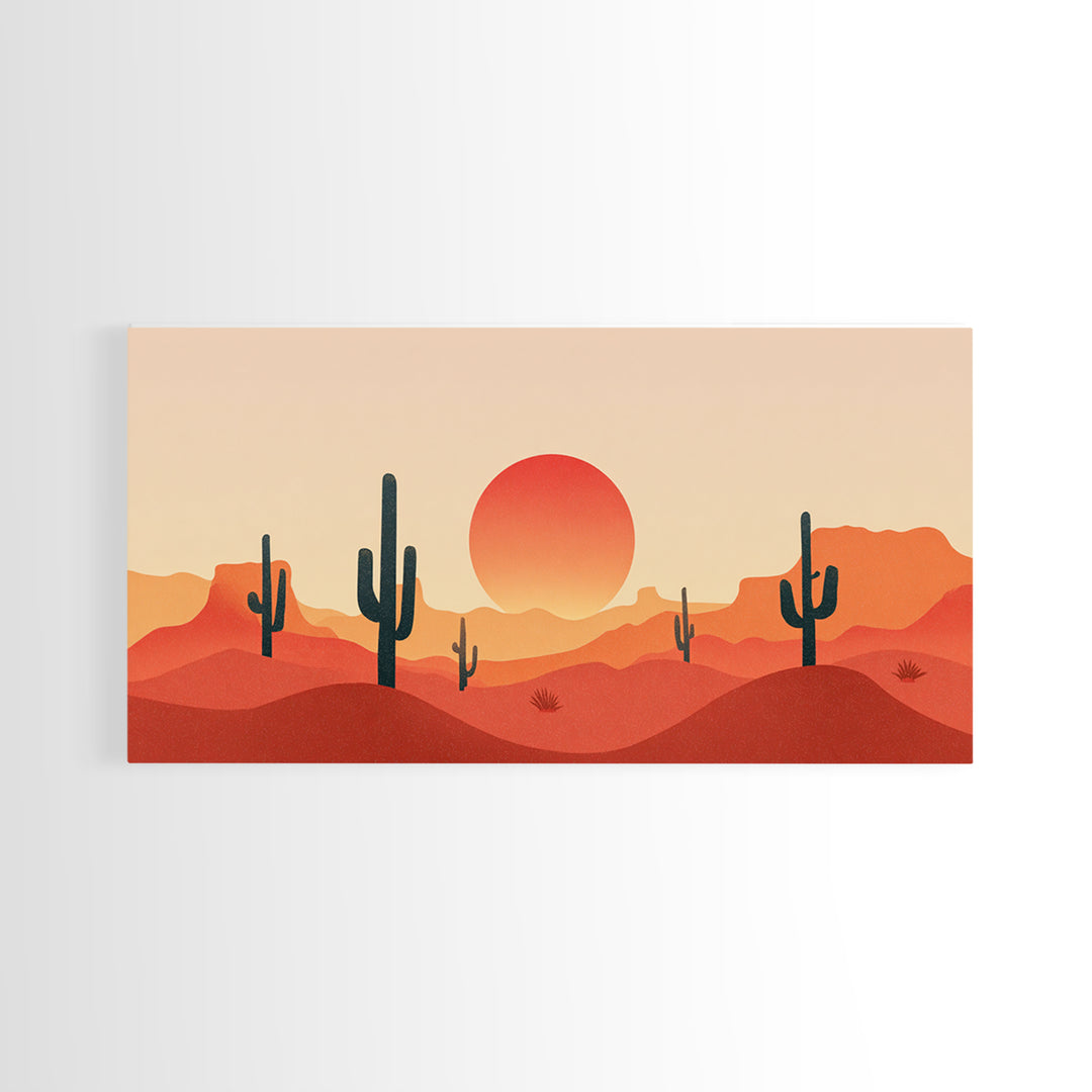 Red Desert Mesas And Cactus Wall Art, Midcentury Modern Sunset Print, Southwestern Landscape Poster, Warm Orange Decor Gift