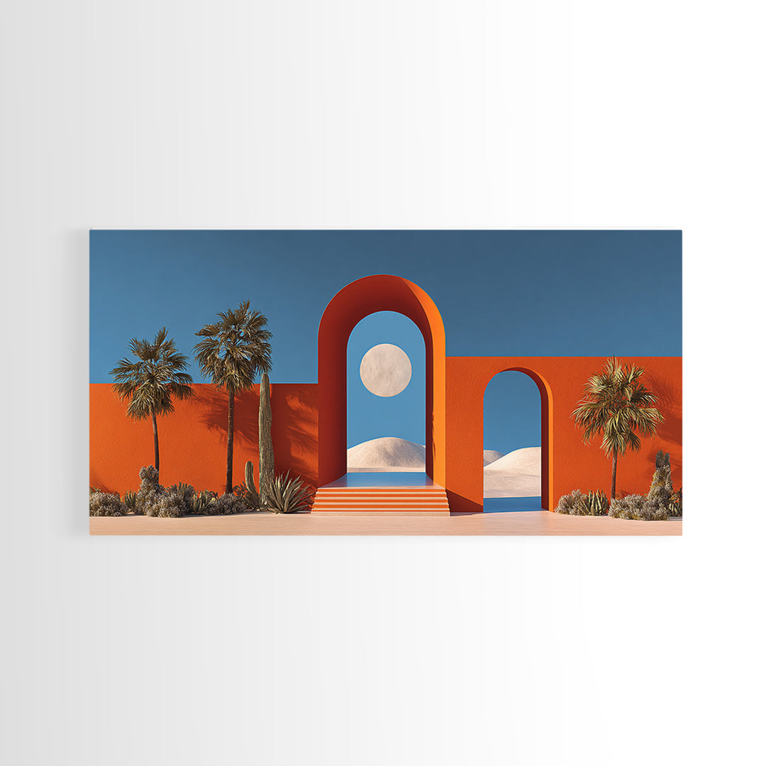 Orange Desert Portal With Moon Palms And White Dunes Wall Art, Midcentury Modern Southwest Decor, Palm Springs Landscape Print