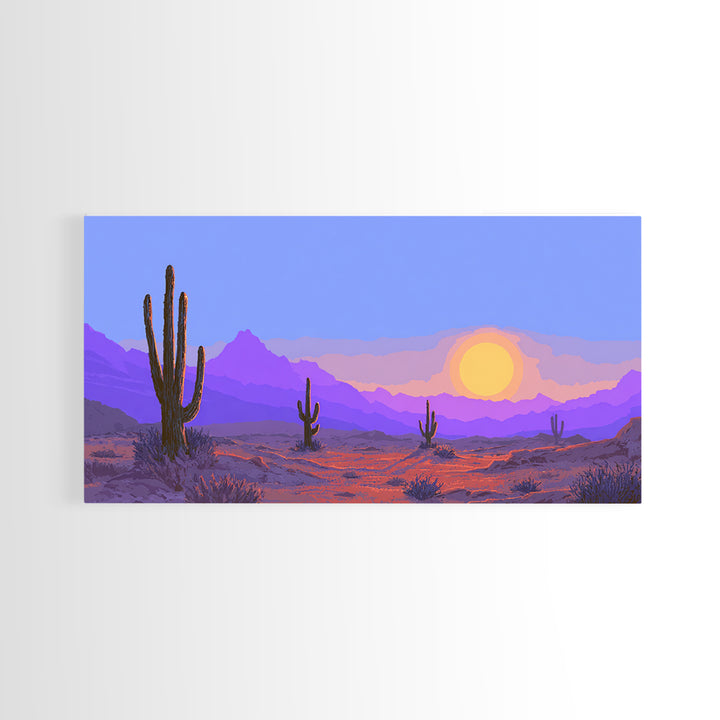 Purple Desert Mountains Canvas Print, Retro Cactus Sunset Wall Art, Midcentury Modern Landscape Poster, Colorful Home Decor