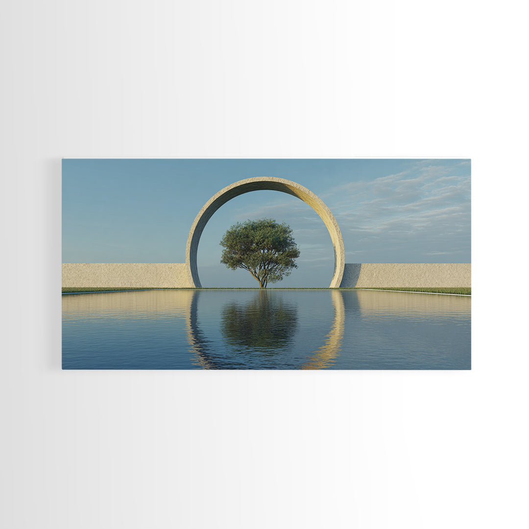 Circular Arch Tree Reflection Wall Art, Modern Landscape Print, Serene Water Decor, Minimalist Nature Art For Living Room