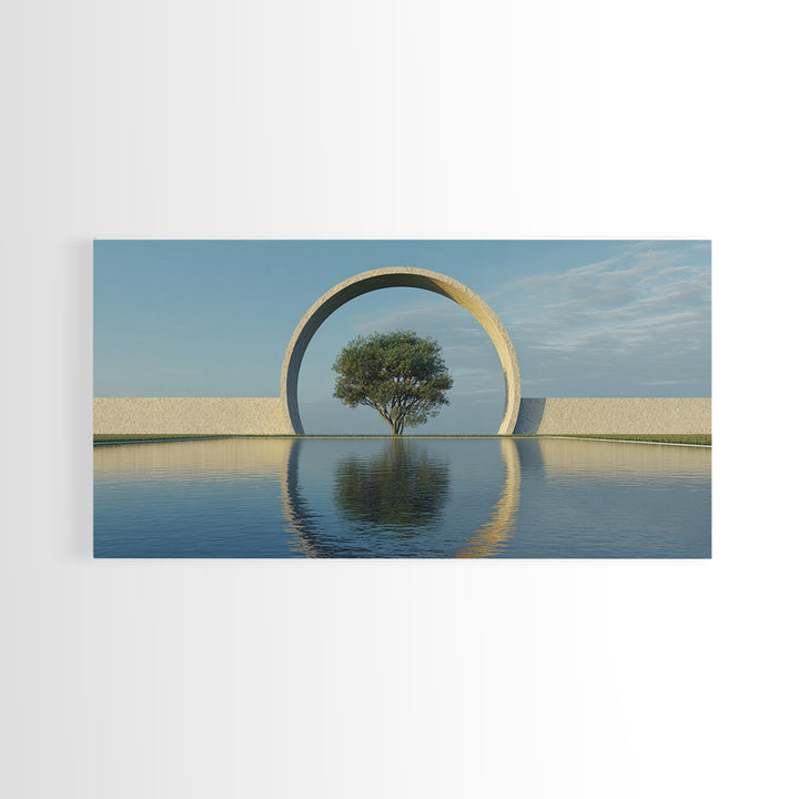 Circular Arch Tree Reflection Wall Art, Modern Landscape Print, Serene Water Decor, Minimalist Nature Art For Living Room