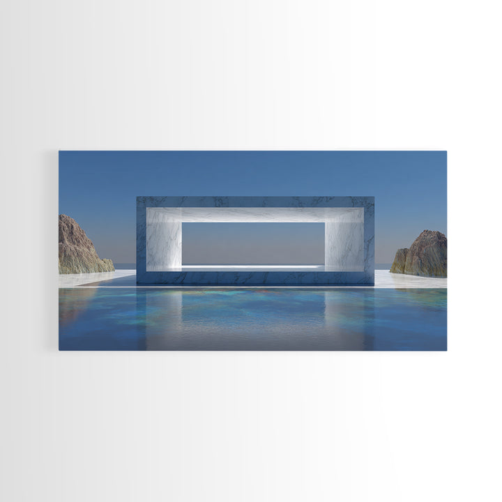 Marble Ocean Window Framed Canvas Print, Modern Architectural Wall Decor, Minimalist Coastal Art For Office And Living Room
