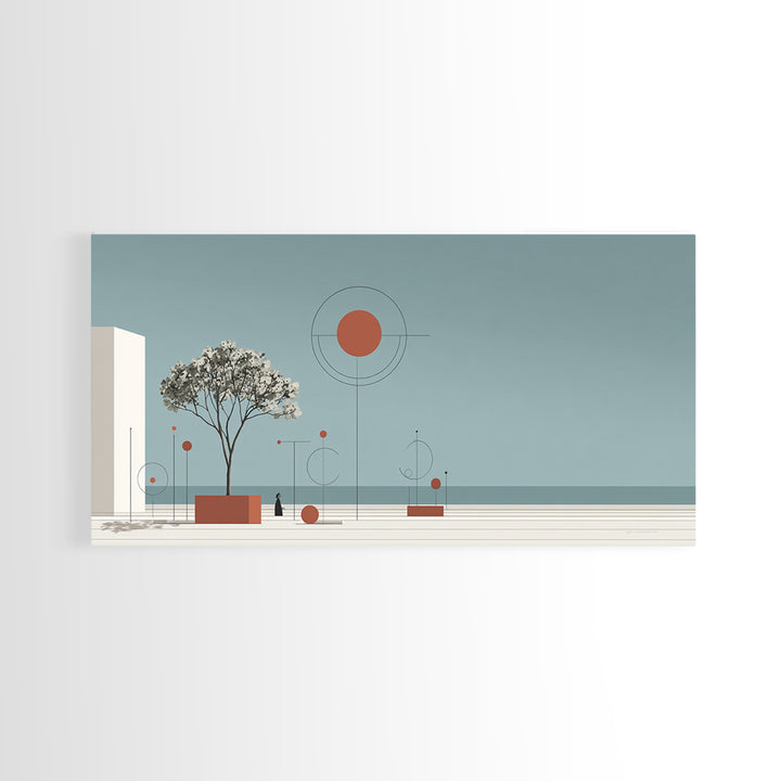Minimal Tree With Orange Sun Canvas Print, Midcentury Modern Wall Decor, Geometric Abstract Art For Serene Calm Living Room