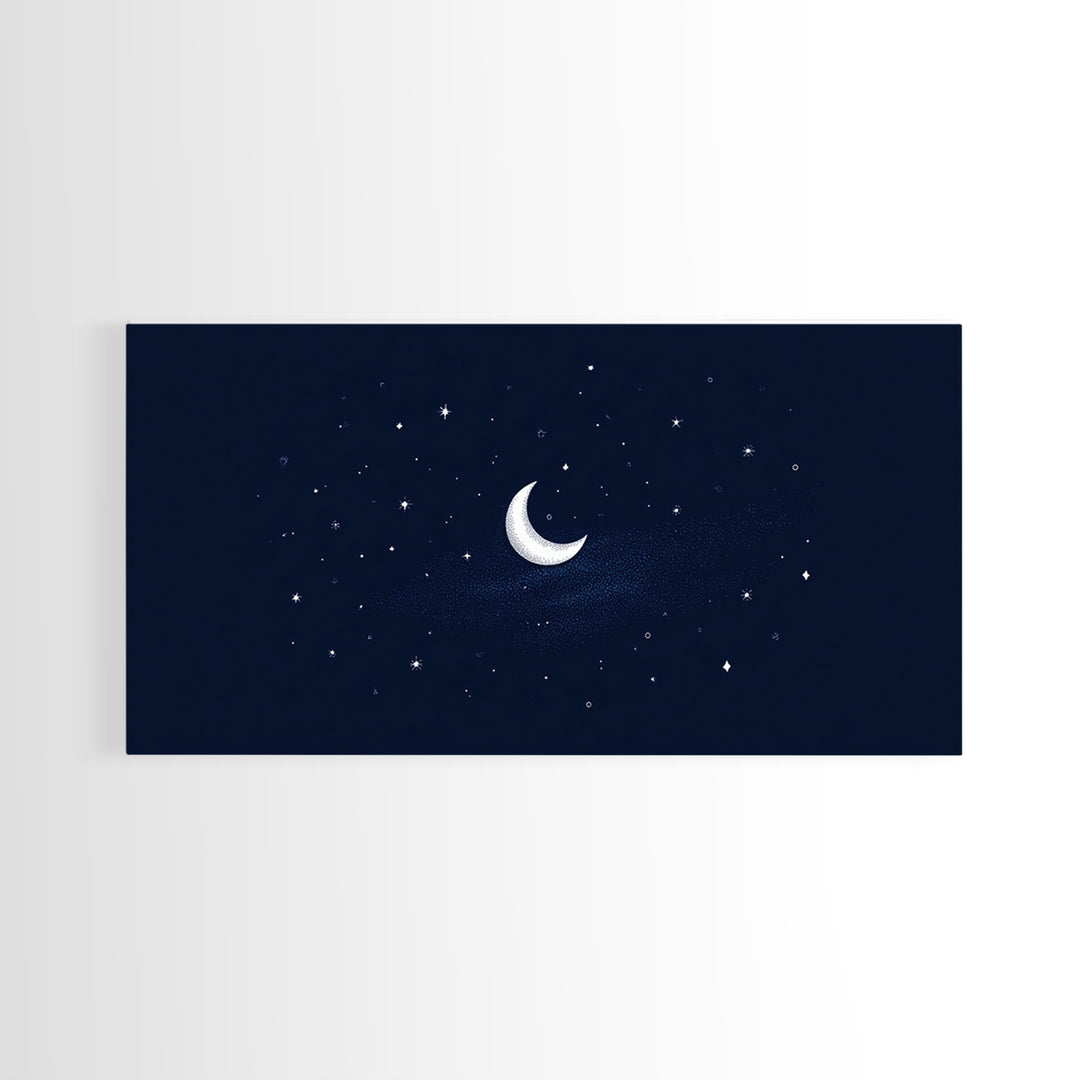 White Crescent Moon And Stars Wall Art, Dreamy Navy Celestial Night Sky Print, Minimalist Space Decor For Bedroom Or Nursery