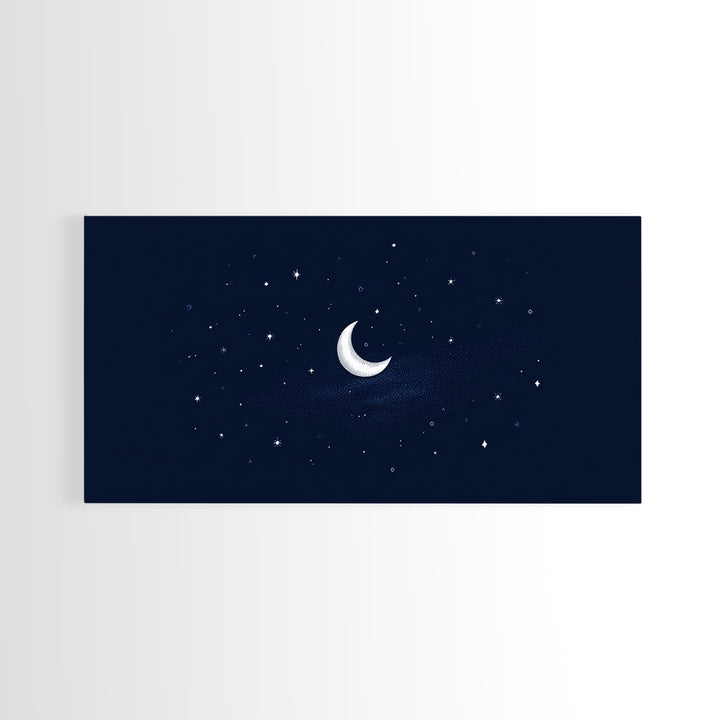White Crescent Moon And Stars Wall Art, Dreamy Navy Celestial Night Sky Print, Minimalist Space Decor For Bedroom Or Nursery