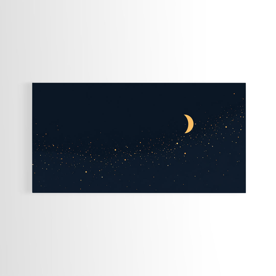 Golden Crescent Moon And Stars Wall Art, Mystical Dark Navy Celestial Print, Boho Night Sky Decor For Bedroom, Nursery, Gallery