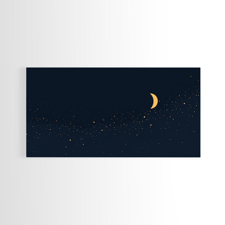 Golden Crescent Moon And Stars Wall Art, Mystical Dark Navy Celestial Print, Boho Night Sky Decor For Bedroom, Nursery, Gallery
