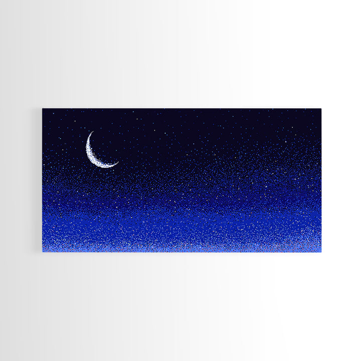 Blue Crescent Moon Star Field Wall Art, Cosmic Night Sky Print, Retro Pixel Space Decor For Bedroom, Dorm Room, Or Nursery