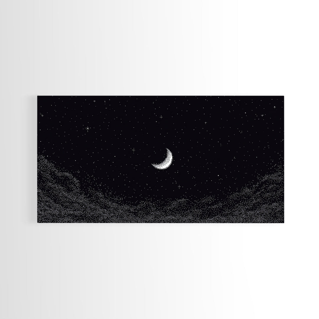 Black And White Crescent Moon Wall Art, Minimal Starry Night Sky Print, Celestial Space Decor For Bedroom Or Meditation Room