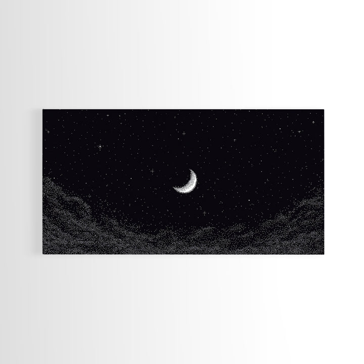 Black And White Crescent Moon Wall Art, Minimal Starry Night Sky Print, Celestial Space Decor For Bedroom Or Meditation Room