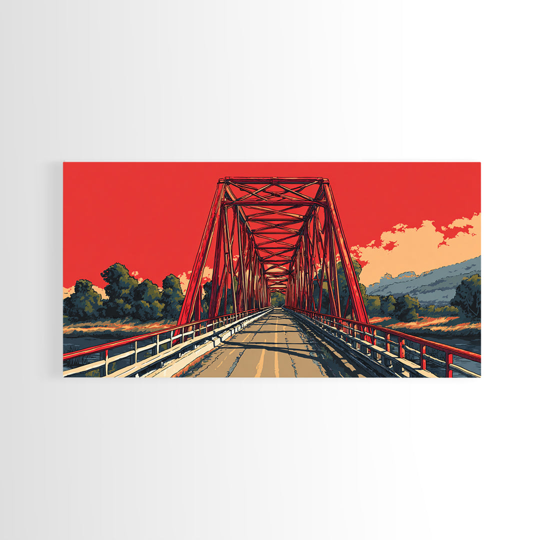 Red Steel Bridge At Sunset Wall Art, Retro Travel Poster Print, Bold Landscape Decor, Scenic Road Art For Office Or Man Cave