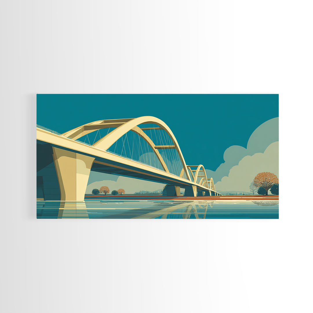 Modern Arched Bridge Reflection Canvas Print, Midcentury Landscape Wall Art, Architectural Calm Water Decor For Living Room
