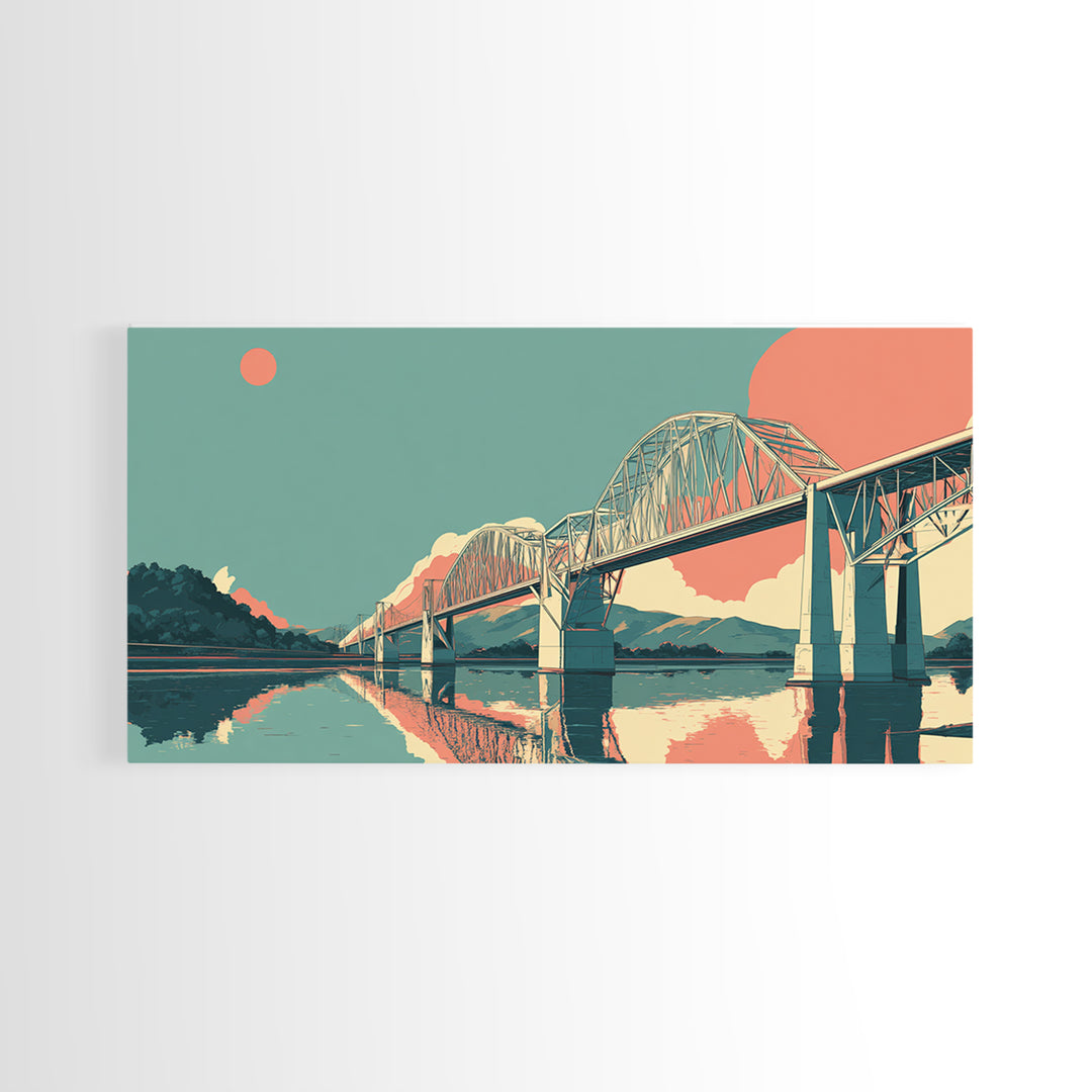 Retro Steel Bridge Sunset Wall Art, Midcentury Modern Landscape Print, Teal Orange Travel Poster, Living Room Home Office Decor