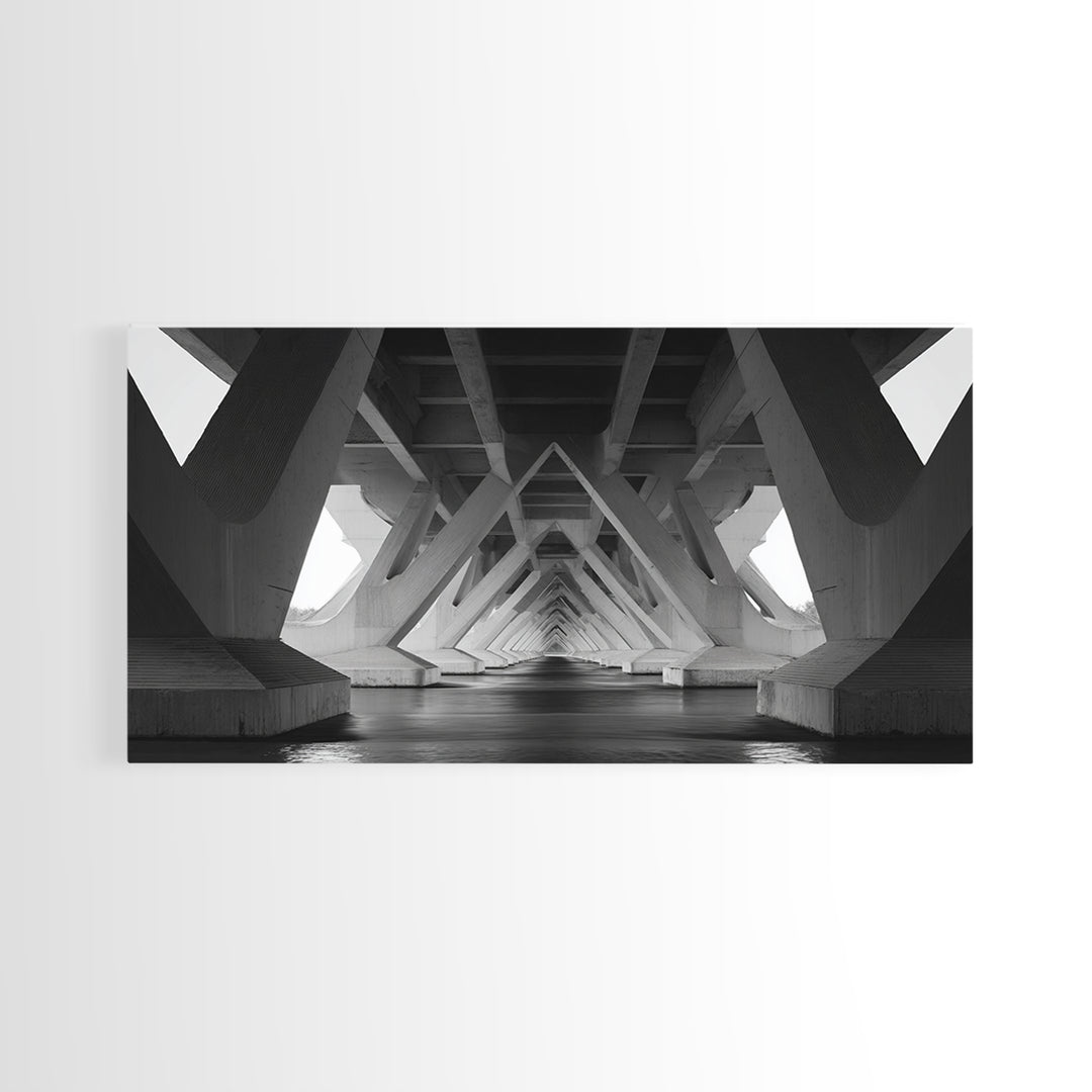 Black And White Bridge Underside Canvas Print, Architectural Art, Geometric Perspective, Modern Wall Decor For Office Study