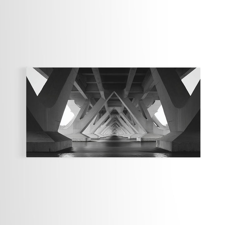 Black And White Bridge Underside Canvas Print, Architectural Art, Geometric Perspective, Modern Wall Decor For Office Study