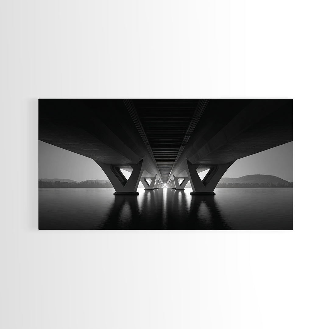 Moody Bridge Underpass Wall Art, Black And White Architectural Photography Print, Geometric Lines, Masculine Office Decor
