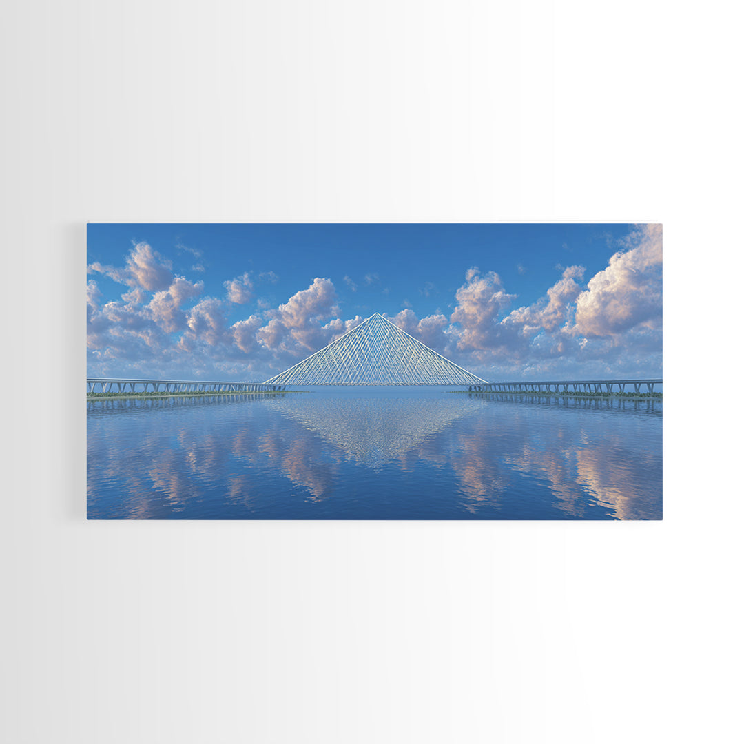 Blue Cable Bridge Reflection Wall Art, Serene Modern Landscape Print, Coastal Water Travel Poster, Living Room Office Decor