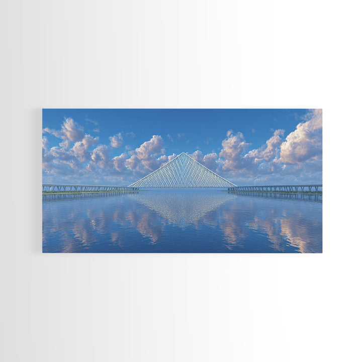Blue Cable Bridge Reflection Wall Art, Serene Modern Landscape Print, Coastal Water Travel Poster, Living Room Office Decor