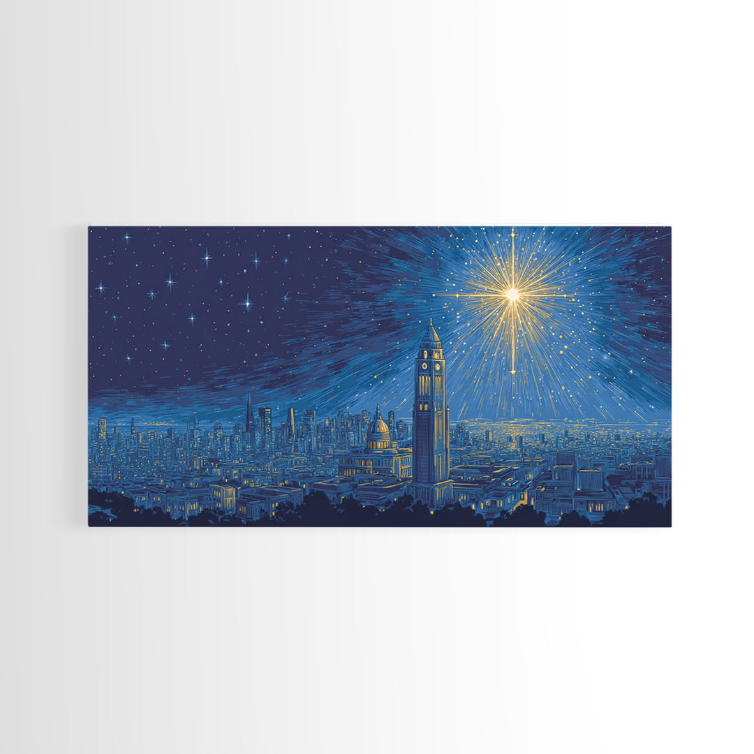 Blue City Skyline Starburst Canvas Print, Midcentury Modern Night Art, Celestial Urban Poster, Home Office Wall Decor Gift