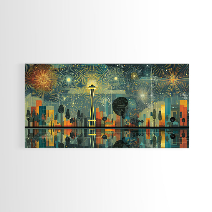 Seattle Space Needle Fireworks Wall Art, Midcentury Modern Cityscape Print, Retro Skyline Poster, Living Room Office Decor