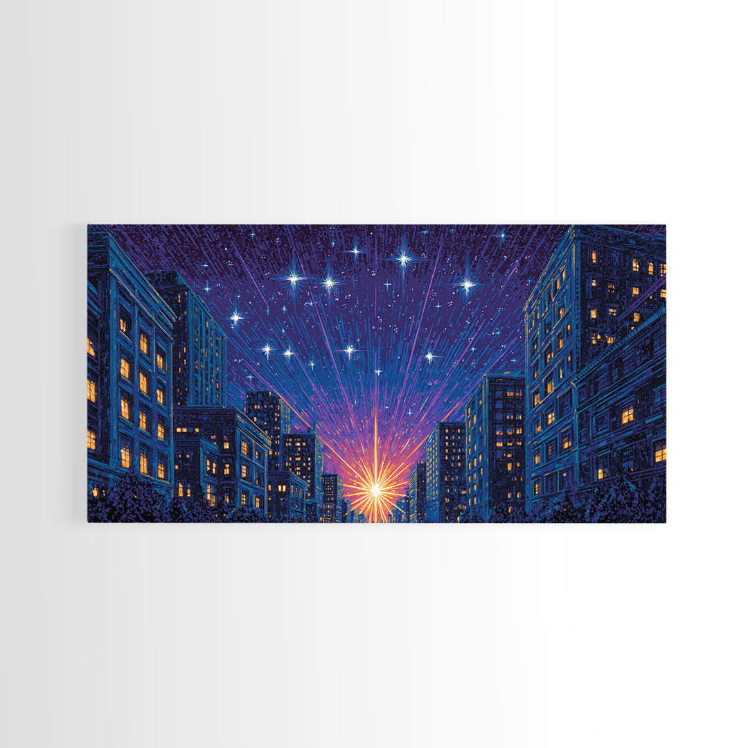 Urban Starburst City Street Wall Art, Modern Night Skyline Print, Blue Orange Retro Poster, Apartment And Office Decor Gift