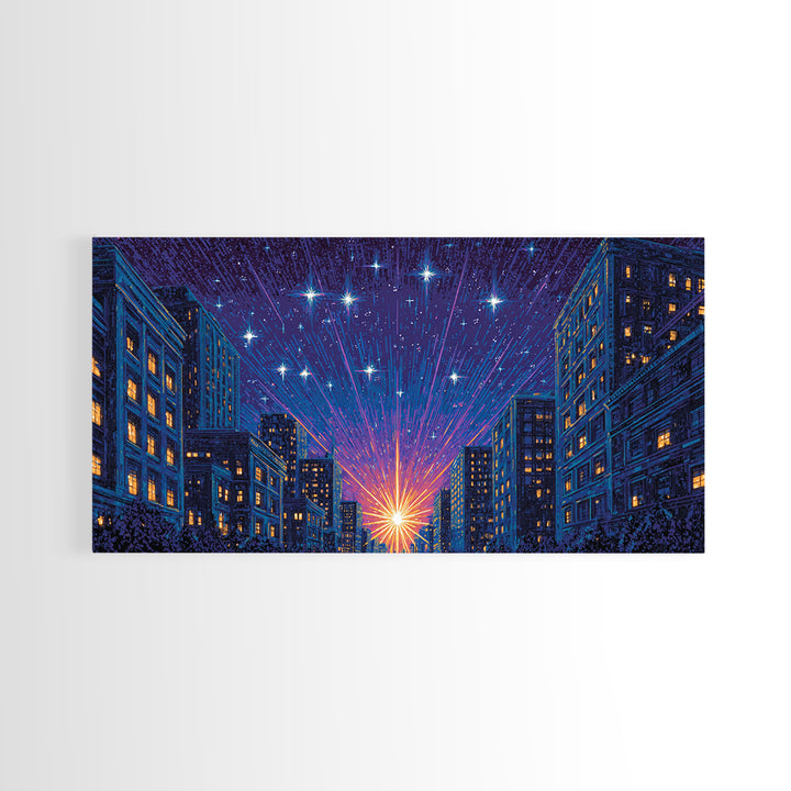 Urban Starburst City Street Wall Art, Modern Night Skyline Print, Blue Orange Retro Poster, Apartment And Office Decor Gift