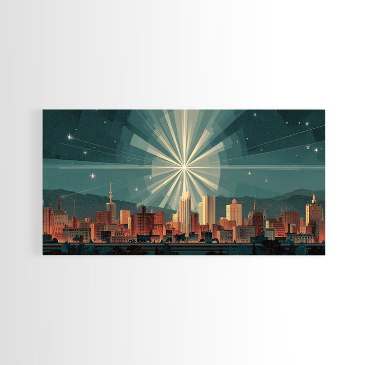 Art Deco City Skyline Wall Art, Geometric Sunburst Night Print, Midcentury Modern Poster, Teal Neutral Living Room Office Decor