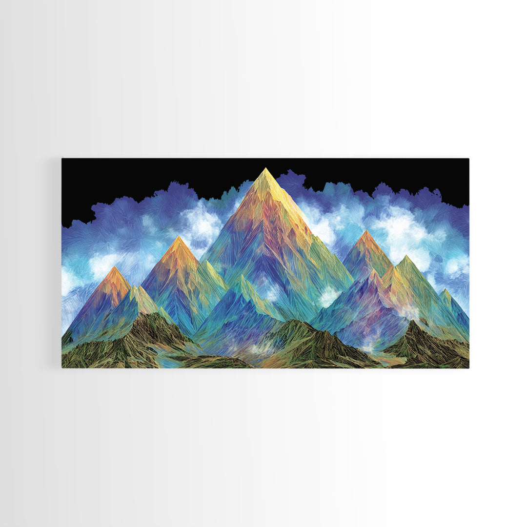 Vibrant Rainbow Mountain Wall Art, Colorful Abstract Landscape Print, Modern Psychedelic Poster, Large MCM Living Room Decor